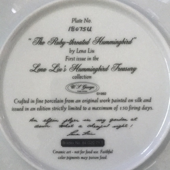 The Ruby-Throated Hummingbird by Lena Liu W. S. George Fine China circ. 1992 NEW - Picture 4 of 9